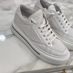 Prada White Leather Lace-Up Sneakers